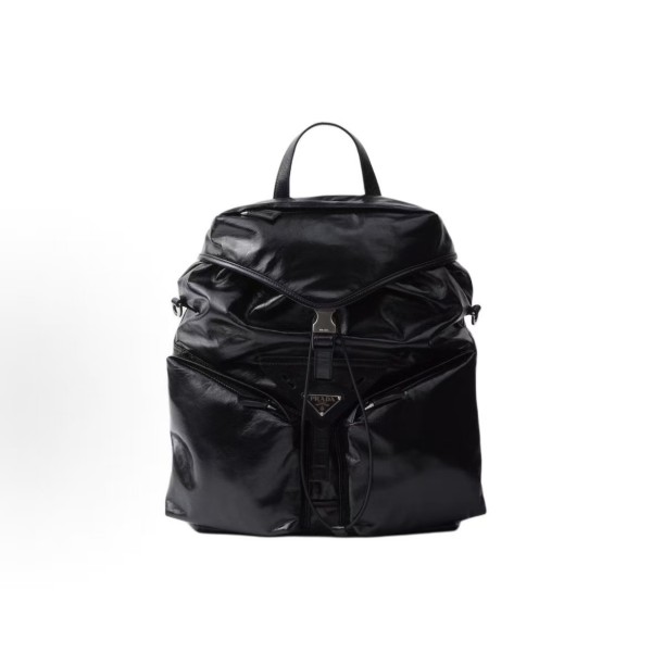 PRADA Enamel metal triangular logo drawstring flip-top backpack for men, black